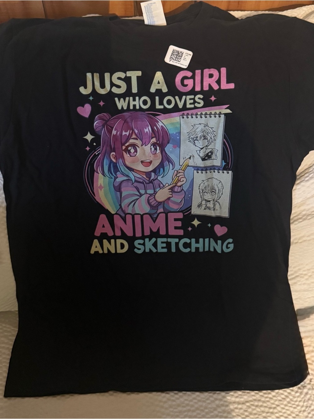 Amazon Black Tee with Pink & Purple Anime Sketch Graphic